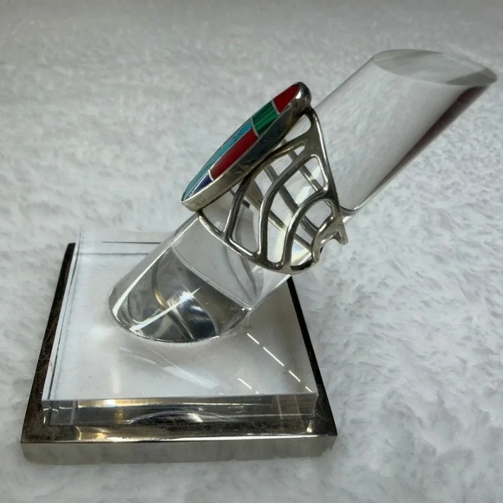 Sterling Silver Southwestern‎ Multi Gemstone Inlay Statement Ring Size 5.5
